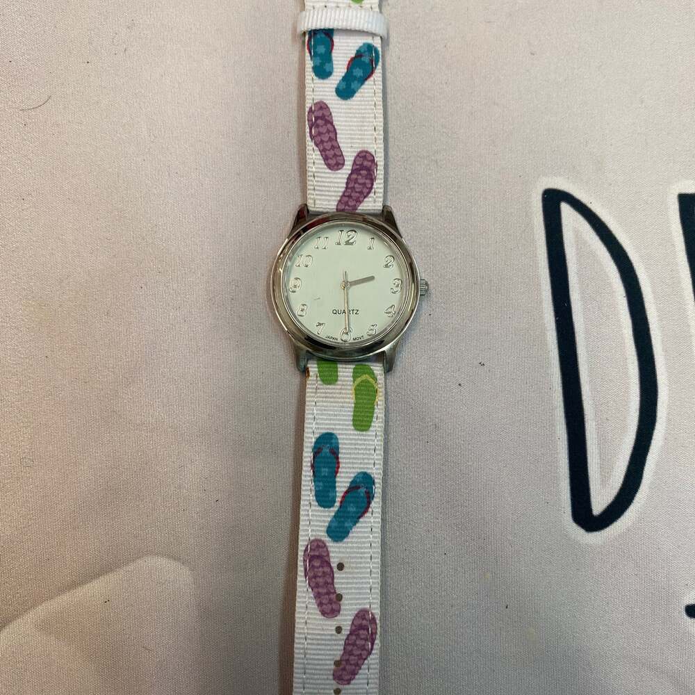 Watch White Buckle Colorful Sandals Band Silver Tone Round Face